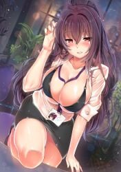 bangs bikini bikini_top_only black_bikini blouse blush breasts cleavage collared_shirt fate/grand_order fate_(series) female hair_between_eyes highres id_card kawai_(purplrpouni) large_breasts long_hair looking_at_viewer office_lady open_clothes open_shirt pencil_skirt purple_hair red_eyes scathach_(fate) scathach_skadi_(fate) shirt skirt sleeves_rolled_up solo swimsuit thighs uniform white_shirt