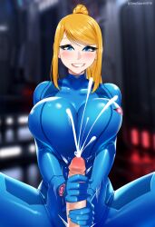 2d artist_name big_breasts biting_lip blonde_hair blue_eyes blush breasts clothed_female cock cum cumshot deepspace dick enthusiastic enthusiastic_handjob handjob huge_breasts large_breasts light_skin lipstick long_hair male_pov metroid nintendo nsfw penis ponytail pov samus_aran smile squeezing_breast two-handed_handjob two_hands_handjob watermark zero_suit zero_suit_samus