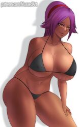 1girls big_breasts bikini bleach breasts dark-skinned_female dark_skin female female_only huge_breasts long_hair musaed_art orange_eyes ponytail purple_hair shihouin_yoruichi solo solo_female standing thick_thighs wide_hips