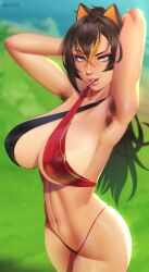 armpit_hair armpits big_breasts bikini breasts brown_body brown_hair brown_skin dehya_(genshin_impact) female female_focus female_only genshin_impact large_breasts lips long_hair ohdax showing_off thick_thighs thighs