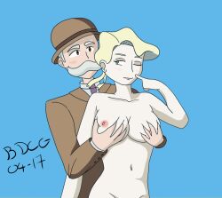 2017 badlydrawncomicguy eyelashes female gentleman_(pokemon) glacia_(pokemon) groping groping_from_behind large_breasts male moustache npc_trainer old_man pokemon pokemon_rse smile wink