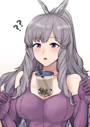 1girls ? ?? ameno_(a_meno0) arm_length_gloves bad_id bad_twitter_id blush breasts brown_hair bubble_tea bubble_tea_challenge cleavage commentary_request elbow_gloves eyebrows_visible_through_hair female female_only fire_emblem fire_emblem_awakening gloves hair_ornament large_breasts long_hair medium_breasts nintendo open_mouth purple_eyes purple_gloves silver_hair simple_background solo sumia_(fire_emblem) upper_body white_background