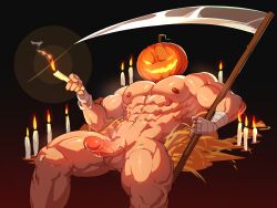 2022 abs absurd_res arm_wraps balls biceps black_background candle cum cum_on_body cum_on_stomach cum_string empty_eyes erection glans glowing_eyes glowing_mouth halloween hay holding_object holding_weapon humanoid humanoid_penis jack-o'-lantern leaking leaking_penis leaking_precum light_skin loincloth looking_at_viewer lying male mostly_nude muscular muscular_humanoid muscular_male muscular_thighs nipples one_eye_half-closed open_mouth open_smile pecs penis pink_glans precum precum_drip precum_leaking precum_string pumpkin_head retracted_foreskin scythe sedo sedo_(usingincognito) solo solo_male usingincognito yellow_eyes yellow_mouth