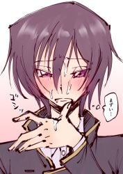 1boy ashford_academy_uniform blush brown_hair code_geass commentary cum cum_on_hands facial frown gradient gradient_background hair_between_eyes highres hougu_cg implied_yaoi lelouch_lamperouge male_focus portrait purple_eyes solo thought_bubble translation_request