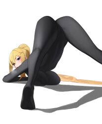 1girls ass ass_up big_ass big_breasts black_bodysuit blonde_hair blue_eyes blush bodysuit breasts clothing darkness_(konosuba) feet female female_only hair jack-o_pose kono_subarashii_sekai_ni_shukufuku_wo! legs looking_back pose posing senju_(snz0) solo solo_female steam steamy_breath thighs