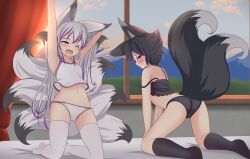 2_tails 2girls ass black_hair black_legwear black_panties black_socks blush female female_focus female_only fox fox_ears fox_girl fox_tail hotel01 legwear light-skinned_female light_skin long_hair looking_at_viewer looking_back medium_breasts morning multi_tail multiple_girls one_arm_up one_eye_closed open_mouth panties pink_eyes short_hair small_breasts socks thighs tomboy white_hair white_legwear white_panties yawn