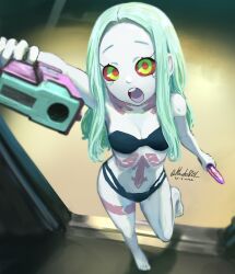 1girls apartment bad_trigger_discipline black_bra bra breasts casual cleavage clothed colored_hair cybernetics cyberpunk:_edgerunners cyberpunk_2077 cyborg doorway female female_focus female_only firearm gun handgun human humanoid khester824 open_mouth pale_skin petite pointing_gun rebecca_(edgerunners) red_eyes small_breasts thighs thin weapon