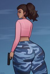 1girls ass ass_focus big_ass brown_hair clothing female female_only from_behind grand_theft_auto grand_theft_auto_vi gun hi_res hispanic jeans latina looking_at_viewer looking_back lucia_(gta) ponytail puerto_rican solo u028 weapon wide_hips