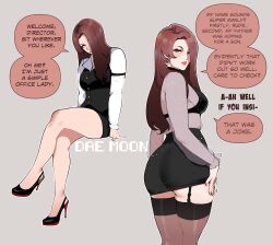 1girls ass brown_hair dae_moon_(nyantcha) dialogue english_text eye_contact female female_only fully_clothed high_heels legwear light_skin long_hair looking_at_viewer original original_character skirt solo solo_female speech_bubble text thiccwithaq thick_thighs thighhighs thighs