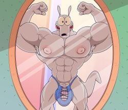 2022 4_fingers abs anthro anti_dev armpit_hair barely_contained barely_contained_penis big_nipples big_pecs biped black_nose blue_clothing blue_thong blue_underwear body_hair bulge clothing crooked_tail fingers first_person_view flexing_both_biceps fur genital_outline genitals hi_res huge_biceps inside looking_at_mirror looking_at_object macropod male mammal marsupial mirror mirror_reflection muscular muscular_anthro muscular_male muscular_thighs navel nickelodeon nipples open_mouth open_smile pecs penis penis_base penis_outline pink_nipples reflection rocko's_modern_life rocko_rama smile solo standing tan_body tan_fur thong underwear vein veiny_penis wallaby yellow_sclera