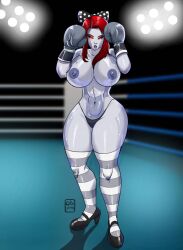 1girls android areola areolae artist_name barefoot big_breasts boxers boxing_gloves boxing_ring busty eyes female female_only fighter gabocaricaturas gloves grey_body grey_boxing_gloves grey_gloves grey_skin gynoid hair hips hourglass_figure huge_breasts humanoid large_breasts legs light-skinned_female light_skin lips long_hair mature mature_female nipples no_bra red_hair solo thick thick_legs thick_thighs thighs tia_(boxingjobber) topless topless_female voluptuous watermark wide_hips