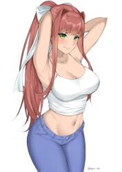 1girls armpits big_breasts breasts byeon_dha doki_doki_literature_club eye_contact green_eyes hair_ribbon light_skin long_hair looking_at_viewer monika_(doki_doki_literature_club) pants smile solo solo_female standing white_background