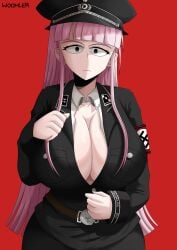 1girls angry artist_name belt big_breasts blossom_hope breasts cleavage clothing female grey_eyes hat long_hair looking_at_viewer nazi pants pink_hair sakura_kawakami swastika swastika_armband undressing woomler