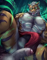 2021 abs anthro balls blep dark_magic deity felid forest fur genitals glowing glowing_eyes green_eyes hypnotic_eyes lin_hu male mammal muscular muscular_anthro muscular_male nekojishi nurinaki offscreen_male pantherine penis plant striped_body striped_fur stripes studio_klondike teeth tiger tongue tongue_out tree video_games visual_novel