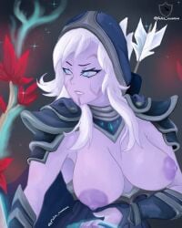 big_breasts dota dota_2 drow_ranger purple_boobs purple_skin white_hair