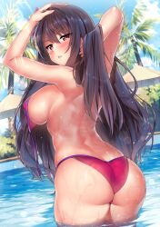 ass bare_back bikini blue_sky blush breasts chair cloud day dutch_angle fate/grand_order fate_(series) female flower from_behind grabbing_another's_hair hair_between_eyes hair_flower hair_ornament hibiscus highres kawai_(purplrpouni) large_breasts long_hair looking_at_viewer looking_back parted_lips pool purple_bikini purple_hair red_eyes scathach_(fate) scathach_(fate/grand_order) scathach_(swimsuit_assassin)_(fate) sideboob sky solo standing swimsuit table untied untied_bikini water wet