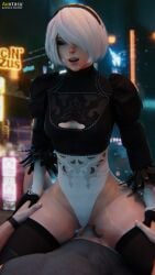 1boy 1girls 3d auxtasy blender cowgirl_position creampie cum cum_in_pussy cum_inside female female_focus male male_penetrating male_penetrating_female nier nier:_automata nier_(series) open_mouth penis sex stockings straight thighhighs white_hair yorha_2b