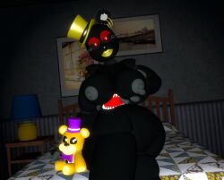 3d background bear bed bedroom belly bimbo black_body breasts crossed_legs ear_piercing eyelashes female five_nights_at_freddy's five_nights_at_freddy's_4 fredbear_(fnaf) fredbear_plush grabbing_own_breast huge_breasts huge_nipples lipstick looking_at_viewer machine mammal monster_belly nails nightmare_(fnaf) nightmare_(fnia) nipples piercing pose posing red_eyes robot rule_63 scottgames seductive_look seductive_smile sharp_nails sitting smiling_at_viewer solo thick_thighs thighs top_hat video_games