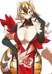 1girls amber_eyes anthro arknights aspirindabaitu big_breasts breasts chinese_clothes female furry glasses looking_at_viewer mx99926 smile solo solo_female tagme tiger tiger_girl waai_fu_(arknights)