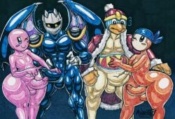 2022 anthro avian bandana bandana_waddle_dee big_dom_small_sub bird clothing dominant erection eyelashes girly glistening glistening_body gloves group handwear hi_res humanoid kerchief king_dedede kirby kirby_(series) male male/male meta_knight musclegut muscular muscular_male nintendo one_eye_closed parasitedeath penguin pink_body size_difference thick_thighs traditional_media_(artwork) video_games waddle_dee wide_hips wings wink winking_at_partner