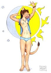 anthro breasts clothed clothing colorpencil felid female hi_res jewelry lion lionclaw1 mammal necklace nipples nude open_mouth pantherine sandra_lionheart small_breasts solo tongue topless traditional_media_(artwork) whiskers yawn