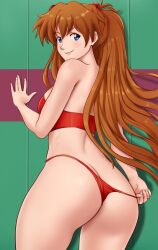 1girls against_wall ass asuka_langley_sohryu auburn_hair back_view big_ass big_butt bikini blue_eyes blush breasts brown_hair chronosth1 gummslime hair_ornament light_skin long_hair neon_genesis_evangelion orange_hair red_clothing smile solo solo_female suggestive swimsuit teenage_girl teenager thick_thighs thighs thong wide_hips