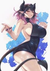 1girls ass breasts demon_girl dress erect_nipples_under_clothes female horns huge_ass huge_breasts kinsou_no_vermeil large_breasts milf nail_polish pointy_ears purple_hair purple_nails red_eyes short_hair succubus succubus_tail tail thick_thighs thighs tinnies vermeil vermeil_(kinsou_no_vermeil) vermeil_in_gold wide_hips