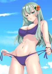 absurdres aqua_eyes aqua_hair bikini blue_sky breasts cloud cloudy_sky cowboy_shot day flower hair_between_eyes hair_flower hair_ornament hairclip highres kantai_collection lips long_hair looking_at_viewer medium_breasts navel nitamako_(sakamalh) official_alternate_costume open_mouth outdoors purple_bikini sky suzuya_(kantai_collection) swimsuit undressing