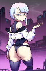 1girls ass ass_view back_view cd_projekt_red cigarette cyberpunk:_edgerunners cyberpunk_2077 dako dakosito emotionless female female_only legwear lucyna_kushinada netflix short_hair smoking solo solo_female standing studio_trigger thighhighs thighs