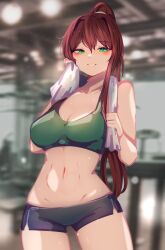 1girls abs bow brown_hair doki_doki_literature_club female green_eyes gym gym_clothes gym_clothing gym_shorts gym_uniform likesac looking_at_viewer monika_(doki_doki_literature_club) muscle_tone musclegut ponytail six_pack strong sweat sweating towel white_bow