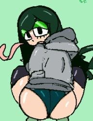 bubble_butt frog frog_girl green_hair hoodie long_hair looking_back my_hero_academia panties squatting starfat tongue_out tsuyu_asui