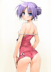 alternate_hairstyle ass back bare_shoulders blue_eyes blush bow breasts clothes_pull cum cum_on_ass double_bun facial female hair_bun hairbow ishikei kagami_hiiragi looking_back lucky_star nipples one-piece_swimsuit purple_hair revision simple_background small_breasts solo swimsuit swimsuit_pull thighs tsundere tsurime undressing wet