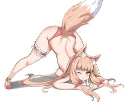 absurdres animal_ear_fluff animal_ears asanagi_(style) ass ass_cleavage bangs bikini blunt_bangs blush breasts butt_crack closed_mouth female fox_ears fox_girl fox_tail full_body green_eyes highres jack-o'_challenge kim_wang_jang light_brown_hair long_hair looking_at_viewer maho_(princess_connect!) one_eye_closed princess_connect! sidelocks simple_background smile solo swimsuit tail thighs top-down_bottom-up very_long_hair w white_background