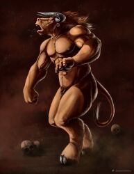 2018 abs angry animal_genitalia anthro attached_sheath biceps bodily_fluids bone bovid dust fist fully_sheathed genitals hi_res hooves horn looking_aside male mammal mane muscular navel nipples nude open_mouth pecs red_eyes roaring saliva satanic_monkey sheath simple_background skull solo standing veiny_muscles