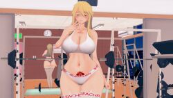 1girls 3d artoria_pendragon artoria_pendragon_(lancer) ass big_breasts bleached bleached_clothing bleachedartoria blonde_hair breasts busty fate/grand_order fate_(series) female green_hair gym koikatsu long_hair mirror mirror_reflection navel pubic_tattoo queen_of_hearts queen_of_spade_symbol queen_of_spades queen_of_spades_symbol queen_of_spades_tattoo solo sports_bra sportswear tattoo thick_thighs voluptuous