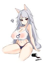 1futa abs absurd_res animal_humanoid annoyed areola big_breasts breasts cleavage clothed clothing coffee female flaccid futanari grey_hair hair hi_res humanoid kaedeno_yuu nipples original_character panties see-through_clothing simple_background sitting small_penis solo underwear white_background