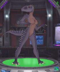 1girls angel_rex anthro female female_only giganyx hybrid jurassic_park jurassic_world jurassic_world_alive naked nude purple_body red_eyes spinosaurid