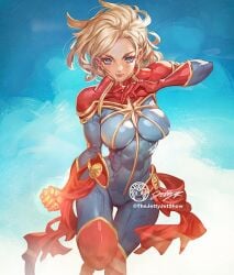 1girls big_breasts blonde_hair blue_eyes captain_marvel carol_danvers female female_only marvel marvel_comics muscular_female superheroine thejettyjetshow thick_thighs tight_clothing tight_fit