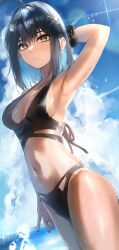 ahoge armpits arms_behind_head bikini black_bikini black_hair blue_highlights brown_eyes hairclip irene_(kanniiepan) kanniiepan looking_at_viewer medium_breasts sideboob swimsuit thighs water