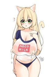 absurd_res animal_humanoid blonde_hair blush bodily_fluids cat_humanoid clothing felid felid_humanoid feline feline_humanoid female hair hi_res humanoid kaedeno_yuu lactating lactation mammal mammal_humanoid panties shirt solo topwear underwear