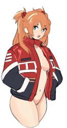 1girls asuka_langley_sohryu big_breasts blue_eyes bottomless breasts busty cleavage expressionless female female_only hands_in_pockets highres jacket kamii_momoru large_breasts legs lips lipstick long_hair looking_at_viewer makeup naked_jacket navel neon_genesis_evangelion no_bra open_clothes open_jacket pussy shiny shiny_hair smile solo thick_thighs thighs twintails wide_hips