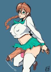 1futa 2022 big_breasts big_penis braid braided_hair breasts brown_hair circumcised claire_(zestysauce) clothed clothing futa_only futanari glasses green_eyes human light-skinned_futanari light_skin long_hair mostly_clothed panties penis penis_out ponytail precum school_uniform skirt solo standing thighhighs zestysauce