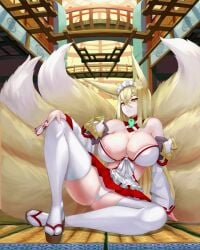 1girls 2022 animal_ears areola_slip areolae ass blonde_hair breasts cleavage detached_sleeves etahoin female fox_ears fox_tail hirume_of_heavenly_incense huge_breasts large_breasts last_origin looking_at_viewer multiple_tails panties sandals sitting skirt spread_legs tagme tail thighhighs upskirt white_panties yellow_eyes