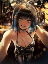 1girls ambiguous_pov arms_around_partner big_breasts black_hair blue_highlights bob_cut breasts brown_eyes choker cleavage collar dress drunk eyelashes eyeliner female female_only hi_res horny intimate_distance irene_(kanniiepan) kanniiepan large_breasts lingerie looking_at_viewer makeup medium_hair mole pantyhose pov reaching_out short_dress smile steaming_body sweat