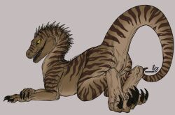 2022 anastasiyavb anus ass brown_body claws dinosaur dromaeosaurid feet female feral genitals looking_at_viewer looking_back nude paws pinup pose presenting presenting_hindquarters presenting_pussy pussy raised_tail reptile scalie solo theropod velociraptor