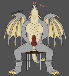 anthro blizzard_entertainment bondage claws dracthyr dragon dragonflight embarrassed erection exhaling_smoke genitals heart horn knot male penis restraints scalie sitting solo spreader_bar tevsu text video_games warcraft western_dragon whining wings