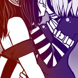 2girls bendy bendy_and_the_ink_machine black_hair black_skin datfurrydude female female_only five_nights_at_freddy's kiss kissing legwear marionette_(fnaf) multiple_girls puppet_(fnaf) rule_63 tagme white_hair white_skin yuri