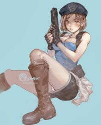 1girls big_breasts capcom cleavage clothing female female_only firearm gun handgun human jill_valentine overflowing_breasts pale_skin panties resident_evil resident_evil_3 thejettyjetshow thick_thighs tubetop upskirt weapon