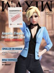 1girls 3d angela_ziegler big_breasts blender blizzard_entertainment blonde_female blonde_hair breasts clothing collar doctor female female_only front_page hi_res legs light_hair light_skin magazine magazine_cover magazine_front_page mercy message nero100 nipples overwatch paper paris peek pose pussy solo solo_female standing suit waxiw