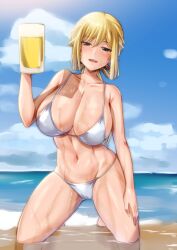 alcohol alice_gear_aegis ayuayu_(shouyu_no_sato) beer beer_mug bikini blonde_hair blue_eyes breasts cleavage cloud collarbone cup female head_tilt holding holding_cup huge_breasts kneeling looking_at_viewer midriff mug navel ocean open_mouth rita_henschel sky smile solo sweat swimsuit water white_bikini